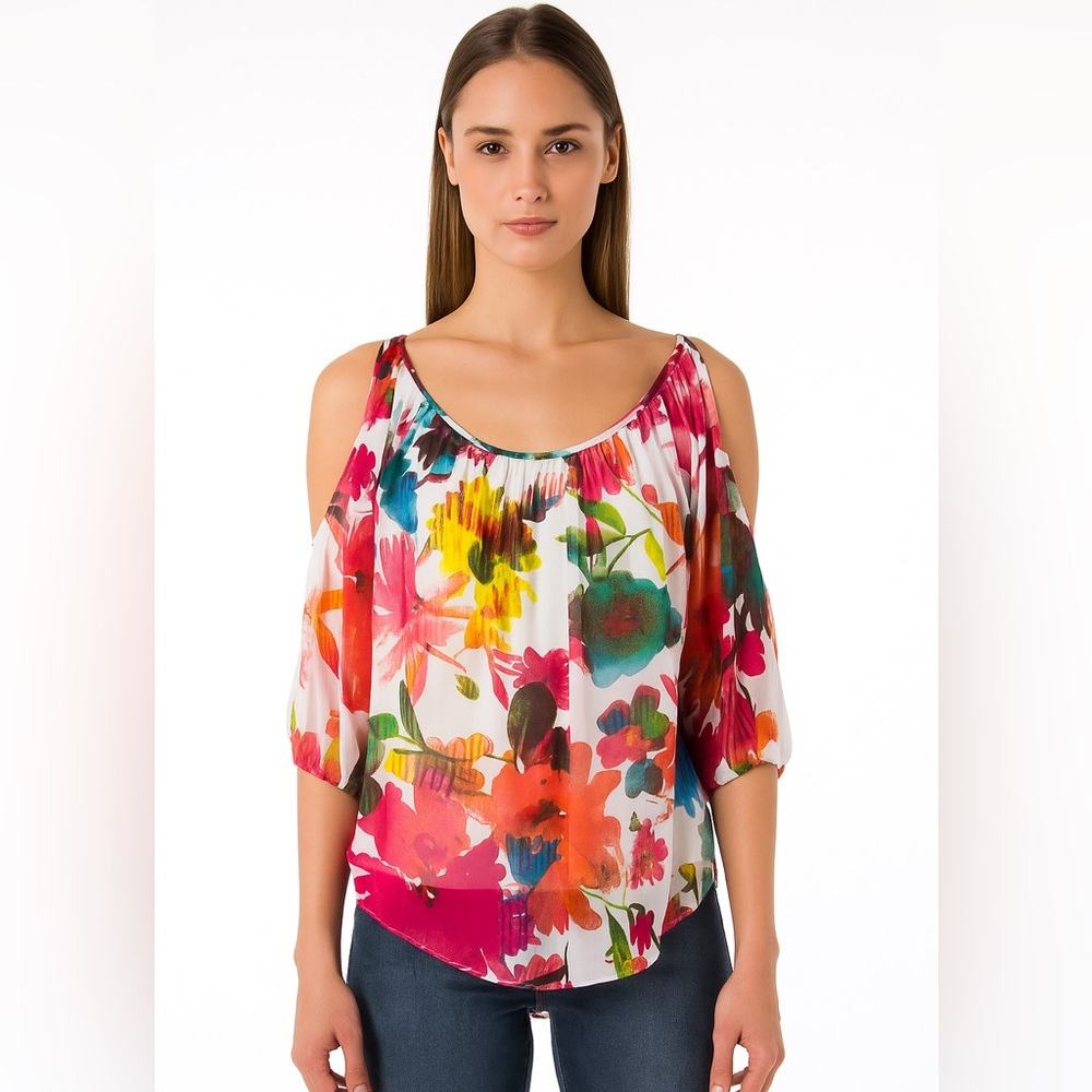 Boston Proper Blouse Women's Size Small Cold Shoulder Floral lightweight Pink‎